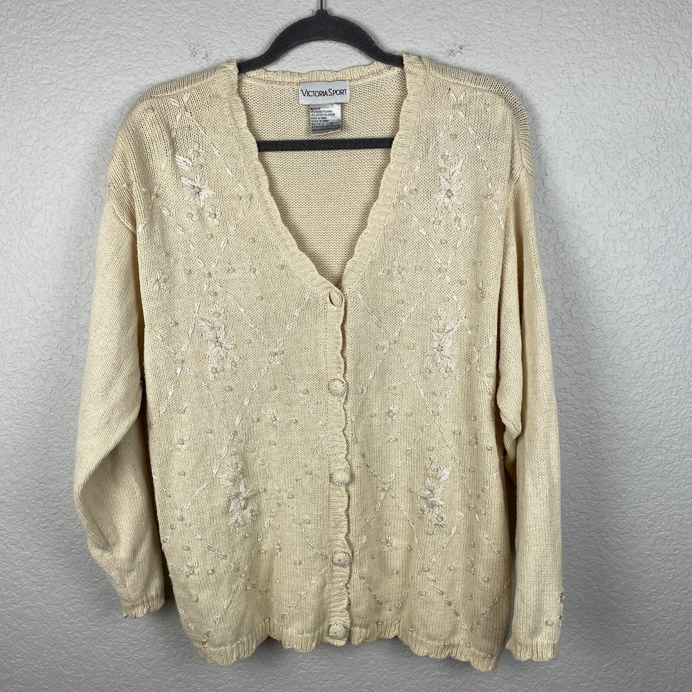 Victoria Sport Cardigan Sweater Womens Large Beaded Ivory Grandma Cottage Vtg